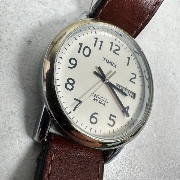 Timex Watch Mens 35mm Day Date Indiglo Two Tone Brown Band Quartz New Battery - Picture 5 of 13
